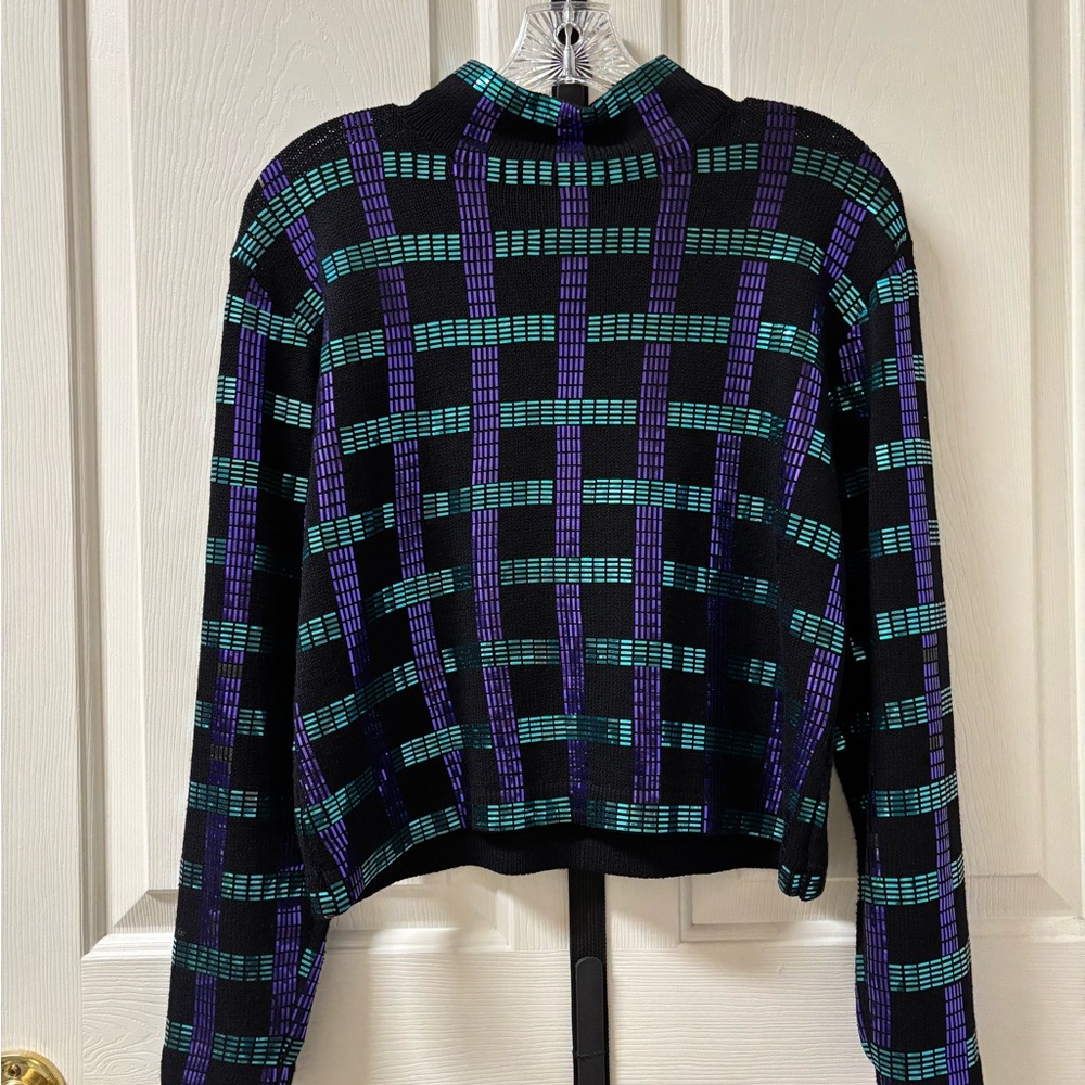 St. John Black and Purple Dazzling Sequined Knit Top with half zip back closure